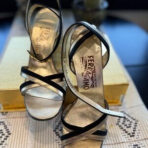 Salvatore Ferragamo Black and Gold Heels with Criss-Cross Straps